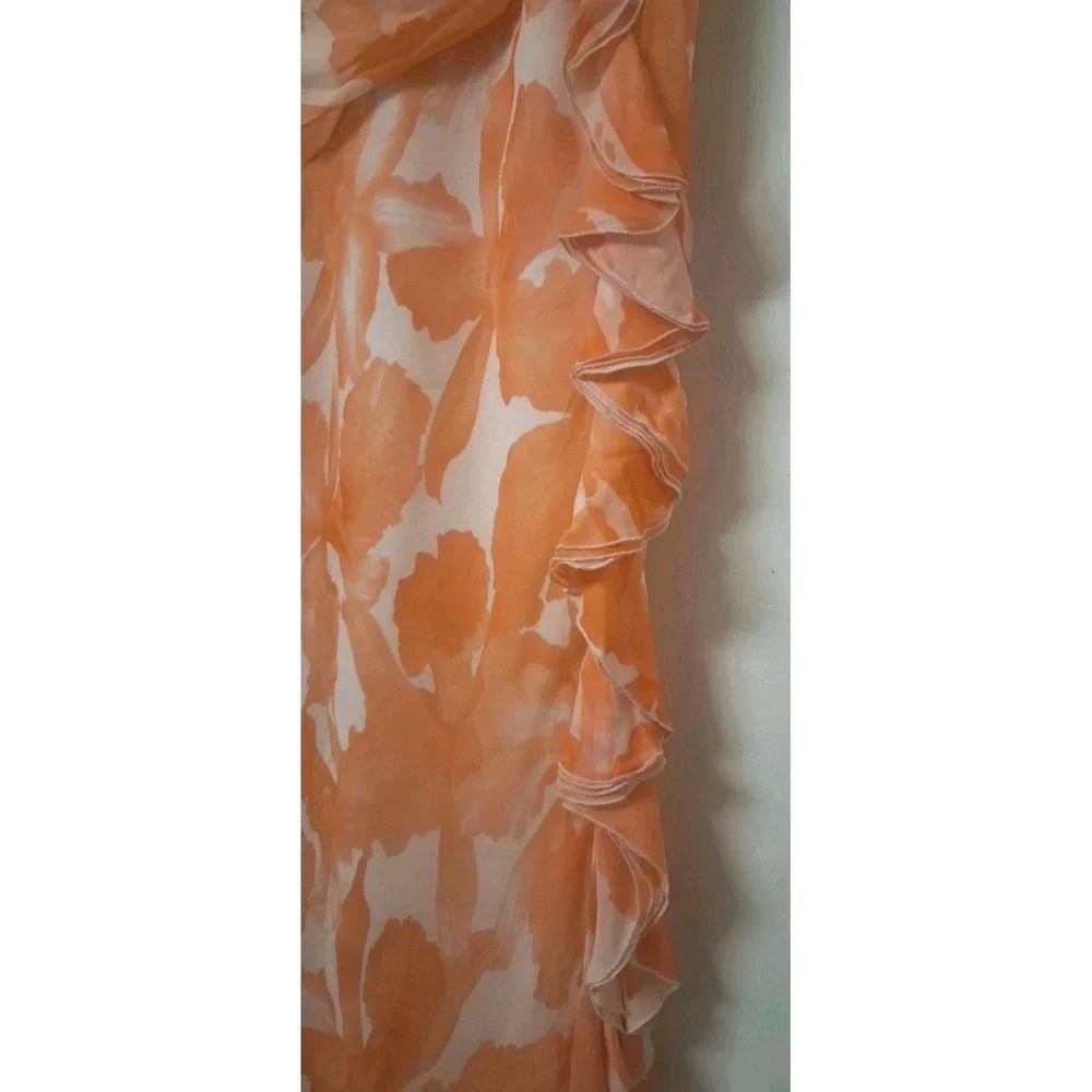 100% Silk Floral‎ Maxi Dress Women's 12 Strappy Ruffle Waterfall Chiffon Fairy - Picture 6 of 16